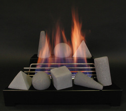 ventless gas fire shape fireplace with a black unvented burner and dark gray fire shapes.